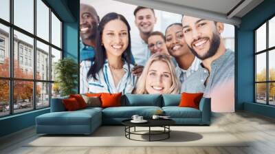 Selfie, smile and employees working at a corporate company together in an office at work. Face portrait of happy, excited and business workers with a photo during professional collaboration as a team Wall mural