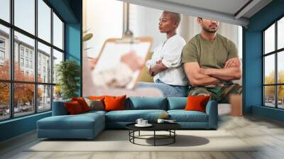 Anger, therapy and a couple in counseling for marriage, psychologist help and veteran analysis. Army, interracial divorce and a man and woman in a therapist consultation for relationship problem Wall mural