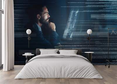 Businessman, cyber security and coding of a programmer with a vision for big data, tech and digital innovation. Male in futuristic technology on computer at night testing UX and software development. Wall mural