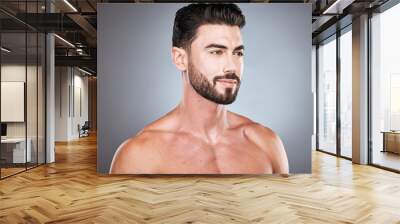 Skincare, health profile picture of man with smile, grooming and hair or beard maintenance. Fitness, health and spa facial care, happy male model with muscle in studio isolated on grey background. Wall mural