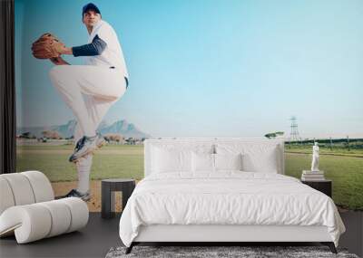 Sports athlete, baseball field or man throwing in competition mock up, practice match or pitcher training workout. Softball, grass pitch or mockup player doing fitness, exercise or pitching challenge Wall mural