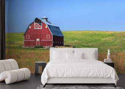 Classic red barn in field during summer. Wall mural