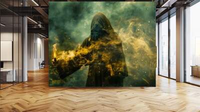 The image features a figure clad in a dark hooded cloak, immersed in a swirl of glowing smoke and sparkles. The setting appears to be a forested area, with the background trees somewhat blurred, which Wall mural