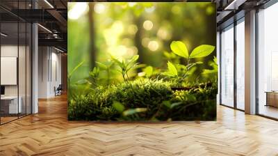 the image shows a close-up view of young plants growing among moss on a forest floor. the sunlight f Wall mural