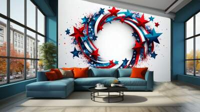 4th of July or Memorial Day image. Light background with red white and blue stars that create a border around the image, 3d vector, 3d imaging, and blank frame for product display or mock-up. Wall mural