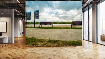 Two benches at the Rusalka lake and beach in Poznan (Posen), Poland. Beautiful natural landscape. Wall mural