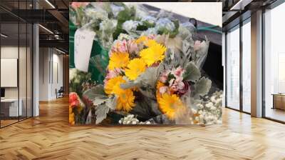 Street vendor stall with fruits and vegetables, and bouquets of flowers. Pittsburgh, PA.  Wall mural