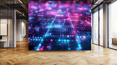 digital grid with floating holographic shapes glowing in neon blue and purple Wall mural