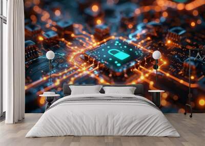 digital lock icon with a glowing circuit board pattern spreading outwards Wall mural