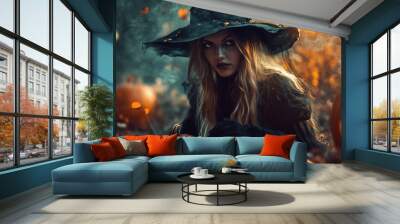 Enchanting Halloween Witch Amidst Glowing Jack-O’-Lanterns in a Mystical Forest Wall mural