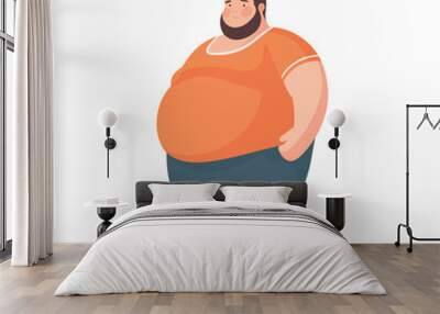 Fat man stands isolated on white background. Overweight man in cartoon style. Vector stock Wall mural