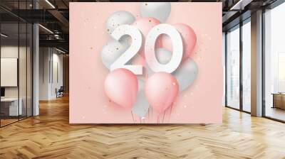 Happy 20th birthday balloons greeting card background. 20 years anniversary. 20th celebrating with confetti. Vector stock Wall mural