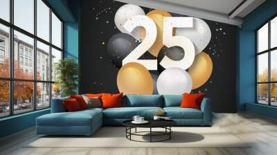 Happy 25th birthday balloons greeting card background. 25 years anniversary. 25th celebrating with confetti. 