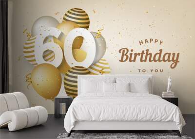 Happy 60th birthday with gold balloons greeting card background. 60 years anniversary. 60th celebrating with confetti. Vector stock Wall mural