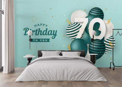 Happy 70th birthday with green balloons greeting card background. 70 years anniversary. 70th celebrating with confetti. Vector stock Wall mural