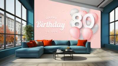 Happy 80th birthday balloons greeting card background. 80 years anniversary. 80th celebrating with confetti. Vector stock	
 Wall mural