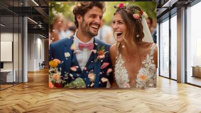 Joyful Newlywed Couple Laughing Under Confetti Shower - AI Generative Wall mural