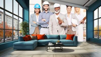 Architecture team, engineer and portrait of people for building, construction site and planning. Civil engineering, property development and men and women for inspection, maintenance and project Wall mural