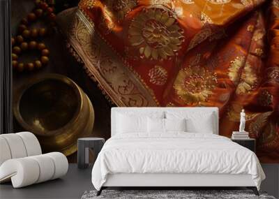 luxurious traditional monk's robe, with detailed gold embroidery on a deep orange silk fabric Wall mural