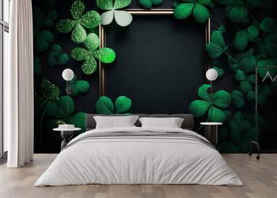 St. Patrick's day decoration concept including wooden frame and lucky 4 leaf clover border, black background flat lay template concept. Happy St. Patrick's day, St patty's day celebrate Wall mural