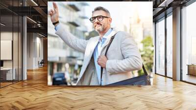 Business, travel and man with hand for taxi, attention or hail in city on morning work commute. Bus, stop and guy manager with finger sign in a street for transportation, calling or waiting for cab Wall mural