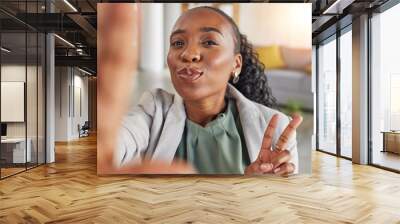 Selfie, black woman and hand sign for peace, pouting lips and funny self portrait for happy memory in corporate career. Businesswoman with success, face of entrepreneur and happiness in office Wall mural