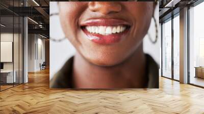 Smile, happy and mouth closeup of black woman with teeth whitening, dental care and wellness. Healthcare, dentistry and face zoom of female person with cleaning for hygiene, grooming and treatment Wall mural