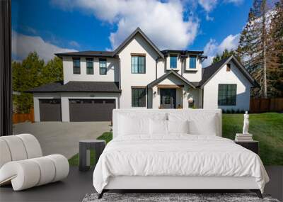 Front view of luxury two garage home with luscious green grass  on a blue sky day. Wall mural