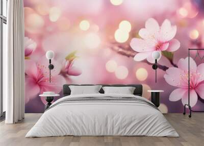 dreamy pink floral bokeh soft spring blossoms with glowing lights romantic nature background Wall mural