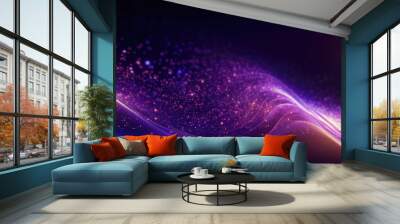 Digital purple particles wave and light abstract background with shining dots stars. Wall mural