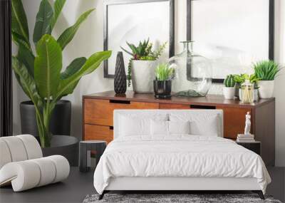 A wooden dresser table featuring a large potted plants with two blank framed pictures mock up and decorative items placed on top Wall mural