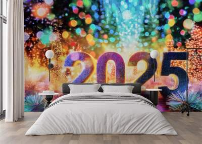 Celebrating the new year 2025 with lights and fireworks. Wall mural