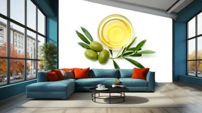 Glass bowl with olive oil, big olives and leafs. Close-up, isolated on white background Wall mural