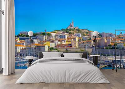 MARSEILLE, FRANCE - AUGUST 11, 2018 - Marseille embankment with yachts and boats in the Old Port and Notre Dame de la Garde. Vieux-Port de Marseille. Wall mural