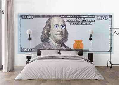 One hundred dollar banknote with portrait of Benjamin Franklin with strange eyes and copy space for your inscription and design. Isolated on white background. Wall mural