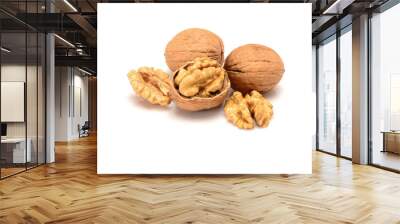 Walnuts and kernels, two whole walnuts and kernels, close-up macro, isolated on a white background. Wall mural