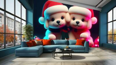 A couple christmas cute puppy with balls on a black background. 3D rendering. Neon lights Wall mural