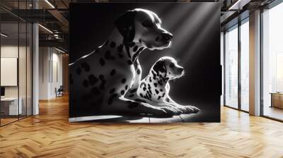 A Dalmatian mother and her baby, with the rim light. The background is black Wall mural