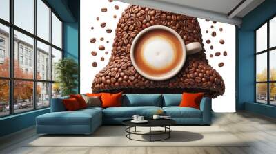 a jingle bell created from coffee beans and in the middle a cup of Cappuccino isolated PNG Wall mural