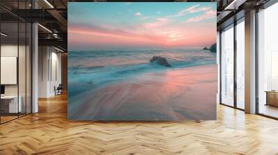 A landscape photo of the beach in the evening with sunset, with long-term exposure photography Wall mural