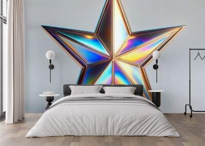 A Metallic glowing iridescent star on a white background Wall mural