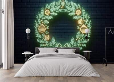 A Neon christmas wreath on Brick Wall, dark background Wall mural