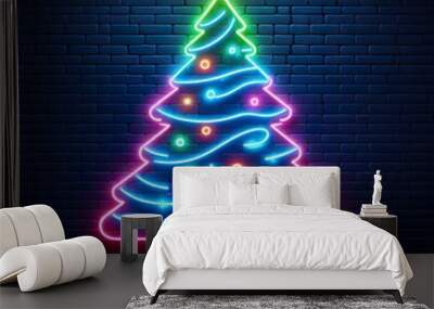 A Neon lights christmas tree on Brick Wall, dark background Wall mural