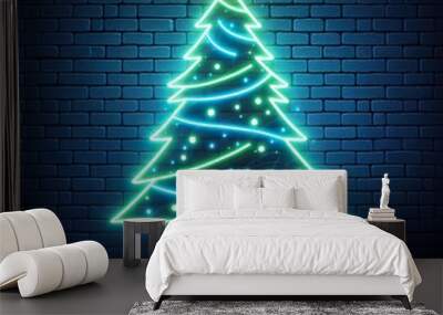 A Neon lights christmas tree on Brick Wall, dark background Wall mural