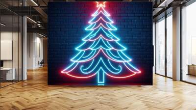 A Neon lights christmas tree on Brick Wall, dark background Wall mural