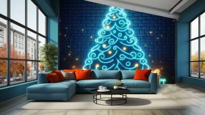 A Neon lights christmas tree on Brick Wall, dark background Wall mural