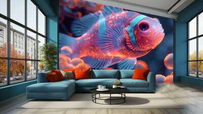 a pair of beautiful clownfish, corals, front on view, iridescent opalescent colours Wall mural