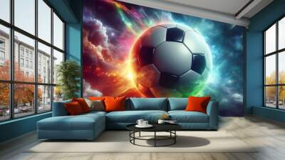 a photo realistic soccer ball as a planet in space with rainbow smoke and explosions, digital art Wall mural