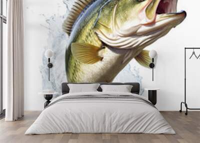 a sea bass fish jumping out of water isolated on white background Wall mural