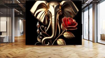 A stylized gold beautiful elephant head, A single red diamond rose with gold leaves is positioned beside the head, black background Wall mural